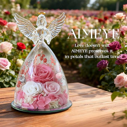 Valentines Day Roses Gifts for Women,Preserved Real Flowers Roses in Glass Angel Figurines,Valentines Day Gifts for Women Mom Wife Girlfriend./Pink