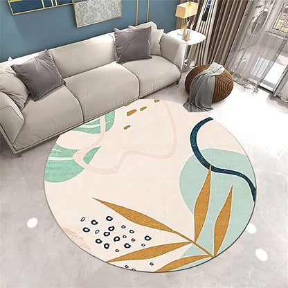 Round Area Rug, 3ft, Boho Round Area Rug, Soft Non-Slip Machine Washable Green Leaf Bathroom Rug, Abstract Tropical Plant Aesthetic Rug, Suitable for Living Room Bedroom Bedside
