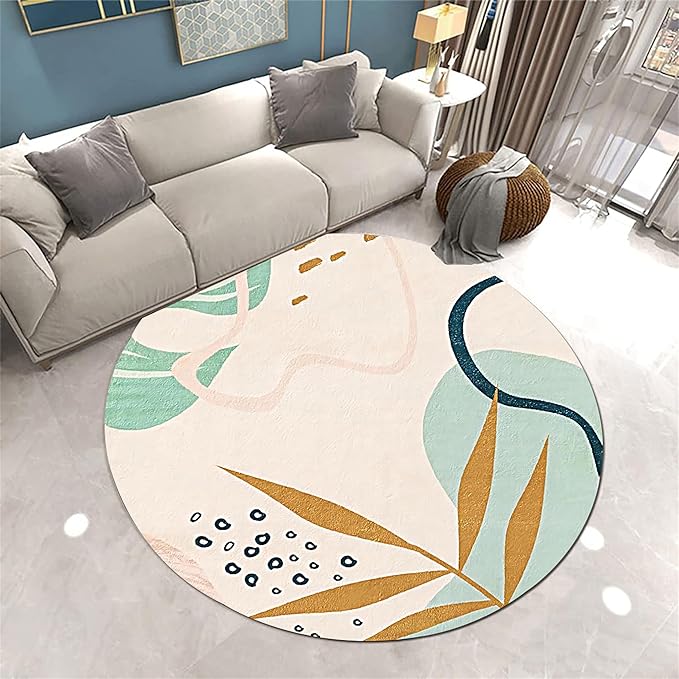 Round Area Rug, 4ft, Boho Round Area Rug, Soft Non-Slip Machine Washable Green Leaf Bathroom Rug, Abstract Tropical Plant Aesthetic Rug, Suitable for Living Room Bedroom Bedside