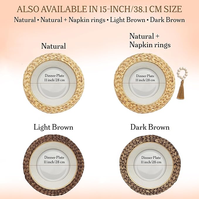 Round Woven Placemats Set of 6 (14 Inch) with Napkin Rings & Canvas Bag – Water Hyacinth Boho Farmhouse Table Mats, Heat Resistant Natural Wicker Chargers for Dining Table Decor by DECHUSE