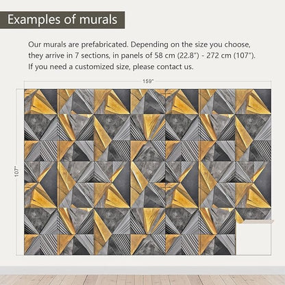 AFZEVEB-3D Geometric Wall Mural Gray and Gold Wallpaper for Bedroom 159"x107"(Not Peel and Stick)