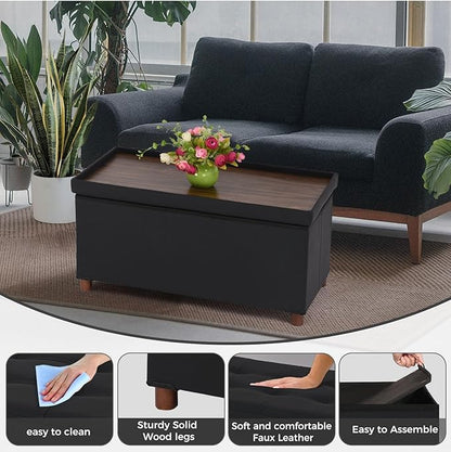 Ottoman Storage Bench with Tray - Bedroom Foot Stool & Coffee Table Lid - Black Leather, 30" Inch