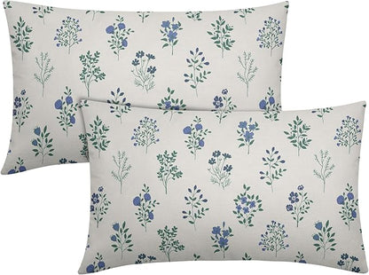 Blue Green Block Print Pillow Covers 12x20 Set of 2 Decorations Vintage Floral Throw Pillow Covers Decor Rustic Pillowcases Flower Pattern Farmhouse Cozy Soft for Sofa Bed Chair Home Decorative