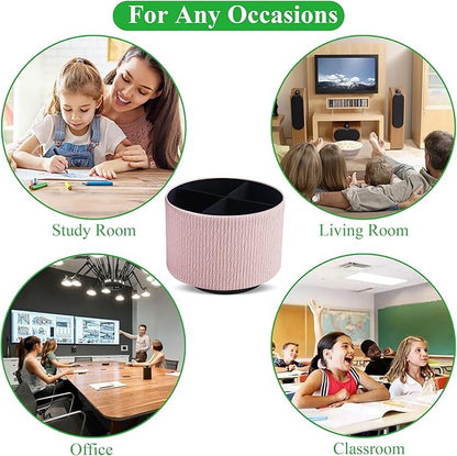 Round Leather Art Supply Organizer,Remote Control Holder,360 Degree Spinning,Multi-Functional Pencil Holder,4 Compartments Desktop Stationary Organizer(1-Wood Pink2)