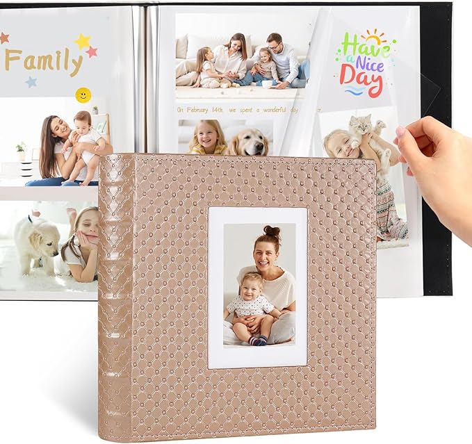 RECUTMS Self Adhesive Photo Album Magnetic Scrapbook Album 60 Pages Double Sided Pages Leather Cover DIY Photo Album Holds Photos of Any Size Baby Family Wedding Anniversary Albums(Light Brown)