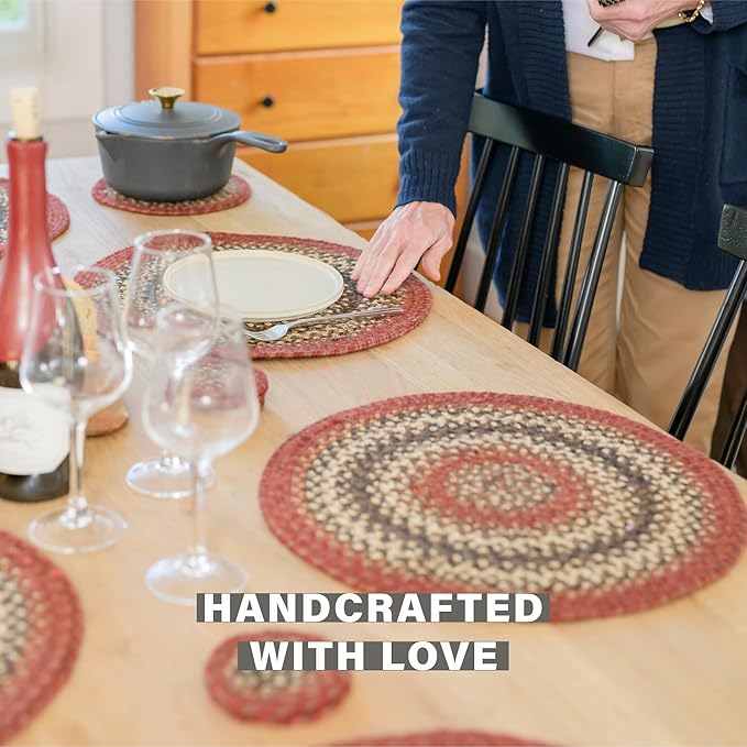 Homespice Chester Jute Braided Cabin Coasters 4", Warm Lodge and Cabin Decor, Set of 6, Red - Durable, Absorbs Moisture, Easy to Clean and Protects Furniture