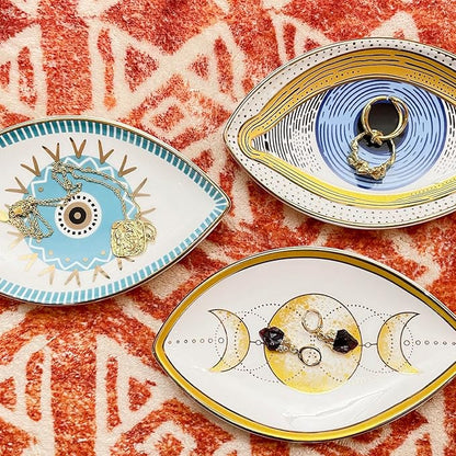 Exquisite Small Ceramic Jewelry Tray - Trinket Dish Evil Eye Decor, Gold Plate Ring Holder, Modern Boho Home Essentials, Perfume Organizer, Witchy, Aesthetic Room Decor (Moon)