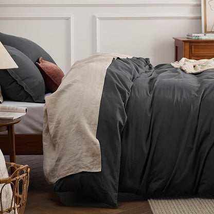 Bedsure 100% Washed Cotton Duvet Cover Cal King - Charcoal Minimalist Cotton Duvet Cover Linen Like for All Seasons - GentleSoft™ Plain Simple Bedding (Charcoal, California King, 104"x98")