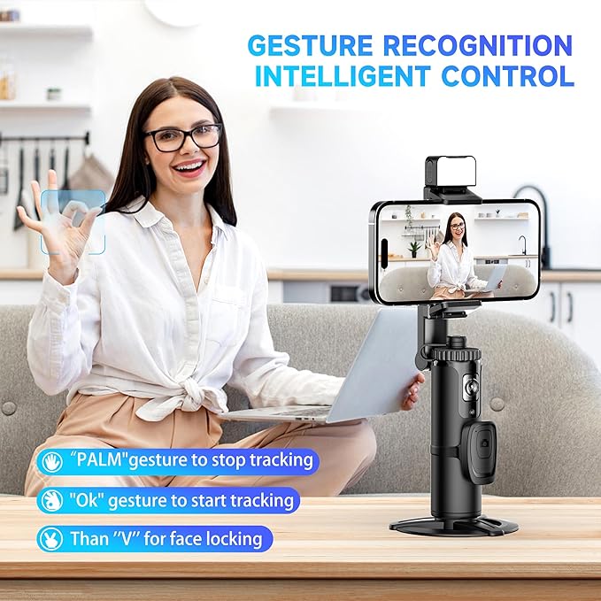 Auto Face Tracking Tripod 360° Rotating Auto Tracking Phone Holder with Remote and Gesture Control,No App, for Live Video Recording Tiktok Live Vlog Streaming Video,Rechargeable Battery