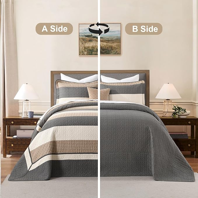 Finlonte Striped Bedspread Set Overszied Queen Size Lightweight Quilted Bed Spread Comforter Sets, Charcoal/Brown/Beige