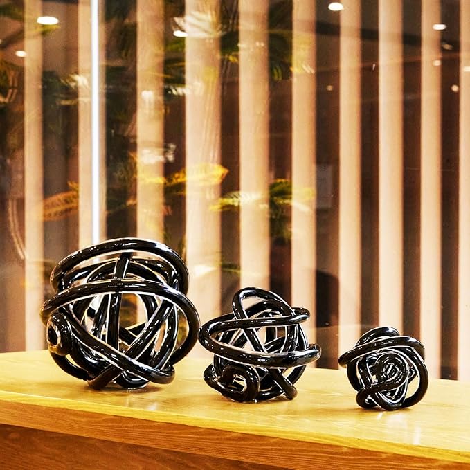 Luxury Lane Hand Blown Infinity Knot Sommerso Decorative Glass Ball for Bowls Home Decor 6 inch Tall Orbit Centerpiece Table Decoration Sculpture Black