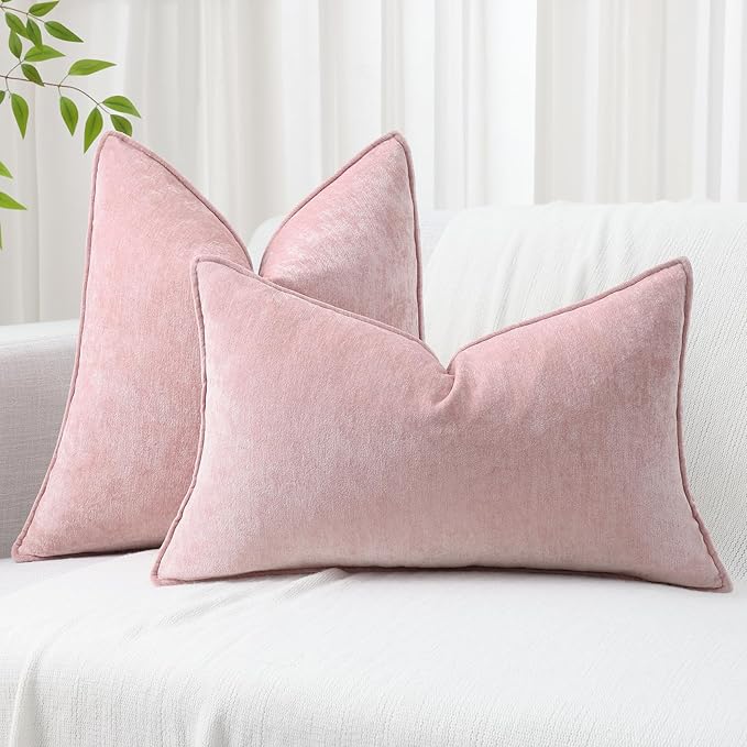 decorUhome Spring Couch Throw Pillow Covers 16x16 Set of 2, Decorative Soft Velvet Neutral Chenille Pillow Covers with Elegant Design for Sofa Bed Living Room Home Decor, Blush Pink