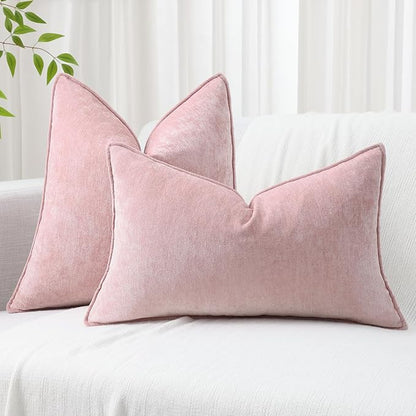 decorUhome Spring Couch Throw Pillow Covers 16x16 Set of 2, Decorative Soft Velvet Neutral Chenille Pillow Covers with Elegant Design for Sofa Bed Living Room Home Decor, Blush Pink