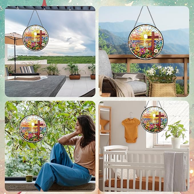 Rngmsi Cross Flower Stained Glass Window Hanging Gift, 7.8″ Sun Catchers Indoor Window Decor, Decorative Suncatchers Home Garden Art Religious Gift for Thanksgiving Christmas Housewarming