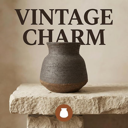 6IN Rustic Farmhouse Ceramic Vase Home Decor, Handmade Vintage Stoneware Clay Pottery Terracotta Textured for Modern Farmhouse, Living Room, Office Desk Table Shelf (Brown and Black)