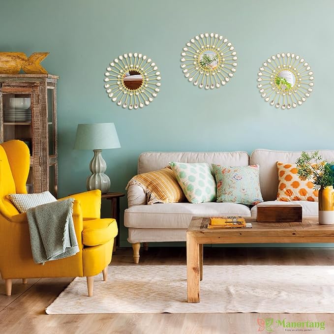 Gold Mirrors - Sunburst Christmas Wall Art, Decorative Round Mirrors for Christmas Bedroom, Living Room, Bathroom, Kitchen, Entryway, Hallway - Set of 3