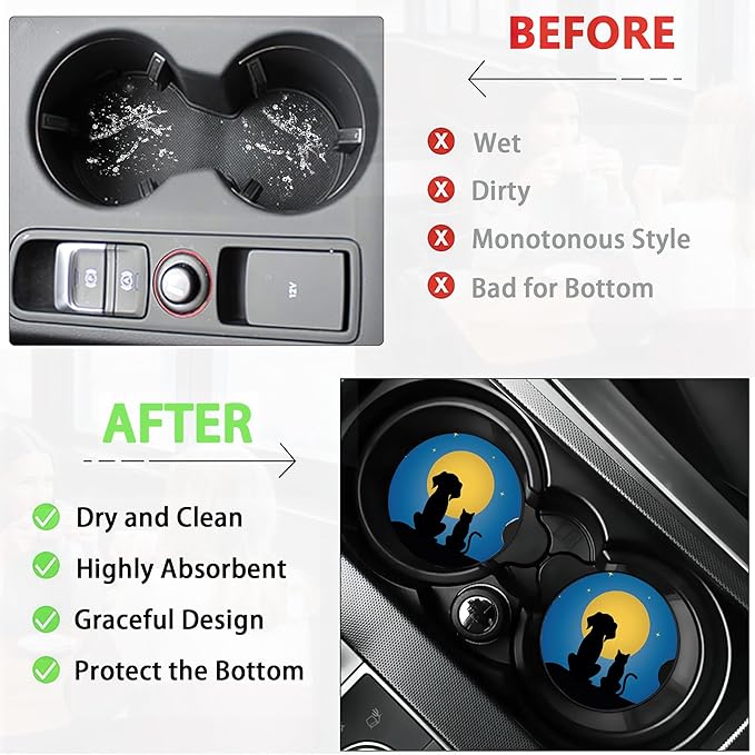 Dog Cat Car Cup Holder Coaster,Moon Night Starry Sky Car Coasters for Cup Holder,2 PCS Absorbent Insert Ceramic Car Assecories with Cork Back & Finger Notch for Women Men