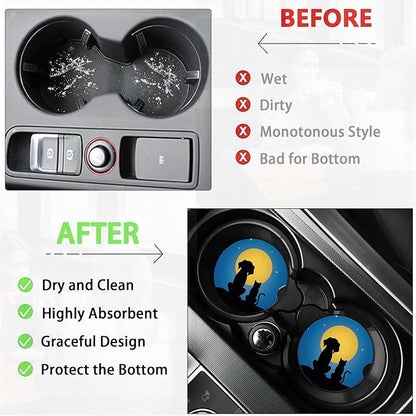 Dog Cat Car Cup Holder Coaster,Moon Night Starry Sky Car Coasters for Cup Holder,2 PCS Absorbent Insert Ceramic Car Assecories with Cork Back & Finger Notch for Women Men
