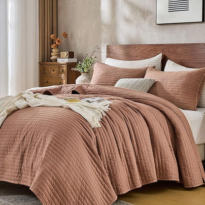 DOWN HOME Queen Quilt Bedding Set with Shams, Vintage Washed Soft Quilted Blanket Thin Comforter Lightweight Bedspread Coverlet Bed Cover, Brushed Microfiber Stripe Stitching, Desert Blush, 86"x90"