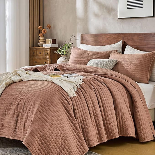 DOWN HOME Queen Quilt Bedding Set with Shams, Vintage Washed Soft Quilted Blanket Thin Comforter Lightweight Bedspread Coverlet Bed Cover, Brushed Microfiber Stripe Stitching, Desert Blush, 86"x90"