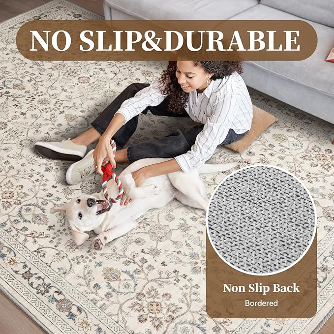 MontVoo-Vintage Area Rug 8X10 Beige for Living Room - Soft Distressed Printed Carpet for Bedroom - Non Slip, Machine Washable for Dining Room, Bedside, Office