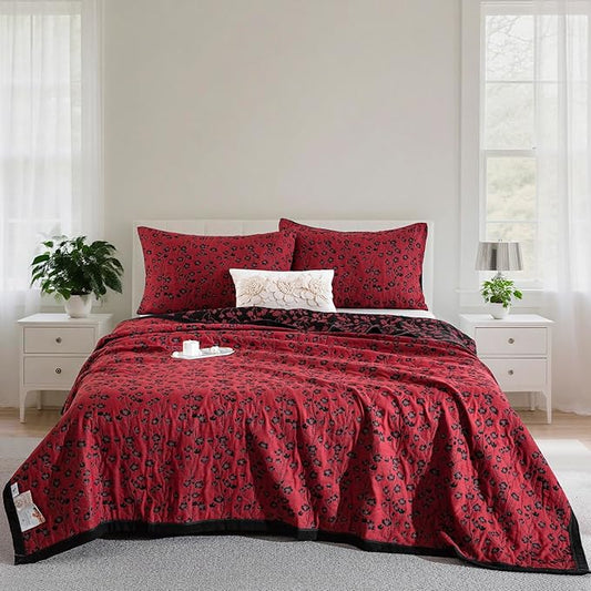 100% Cotton Muslin Jacquard 2 Piece Quilt Set Floral Plum Blossom Print, Soft 3 Layers Gauze Bed Cover Reversible Bedspread Coverlet Breathable Lightweight Bedding Set, Twin