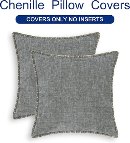 CaliTime Throw Pillow Covers Decorative 24 X 24 Inches Pack of 2 Cotton Thread Stitching Edges Solid Dyed Soft Chenille Cushion Cases for Couch Sofa Bed Living Room Farmhouse Medium Grey