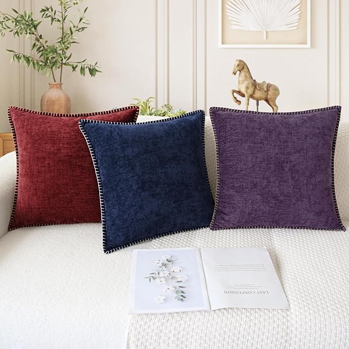 CaliTime Christmas Throw Pillow Covers Decorative 22 X 22 Inches Pack of 2 Cotton Thread Stitching Edges Solid Dyed Soft Chenille Cushion Cases for Couch Sofa Bed Living Room Farmhouse Burgundy