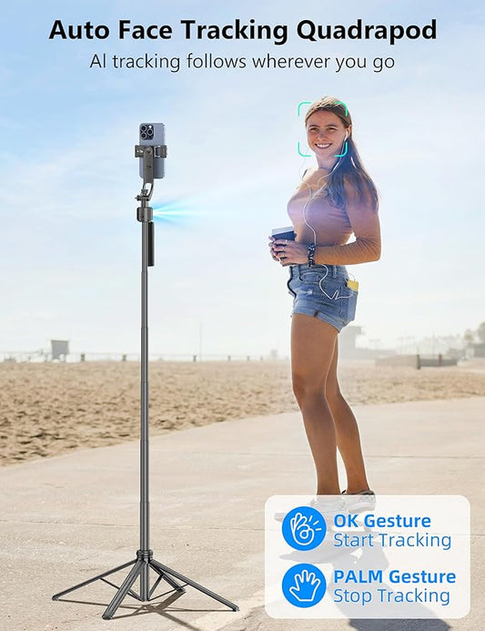 64'' Auto Face Tracking Tripod 360 Rotation with Stand, Handheld Stabilization, Aluminum Quadrapod Selfie Stick Phone Tripod with Remote Compatible with iPhone, Android for TikTok, Live Streaming