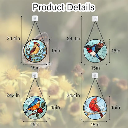 Stained Glass Window Hanging 4 Pcs Set Cardinal Blue Birds Large 15" - Suncatcher Door Garden Sun Catcher Decor Birthday Mother's Day for Bird Lovers Men Woman Nana Friend