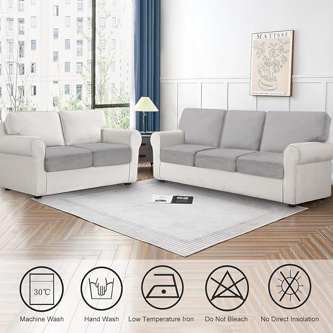 Couch Cushion Cover Velvet 3 Pieces Seat Cushion Cover Stretch Sofa Covers Separate Sectional Sofa Slipcovers Furniture Protector (3-Seater or Backrest, Light Grey)