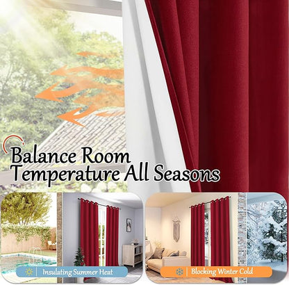 Lajode Red Christmas 100% Linen Blackout Curtains 63 Inch Long 2 Panels, Thick Heavy Thermal Insulated Cold Blocking Noise Reducing Window Curtains for Winter Decoration, Each 52x63 Inch 2 Panels