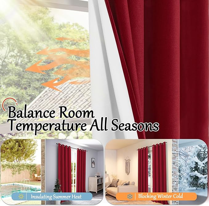 Lajode Red Christmas Linen Blackout Curtains 54 Inch Long 2 Panels, Cold Blocking Winter Thermal Insulated Curtains for Living Room Small Window Decor, Soundproof Curtains Each 52x54 Inch 2 Panels