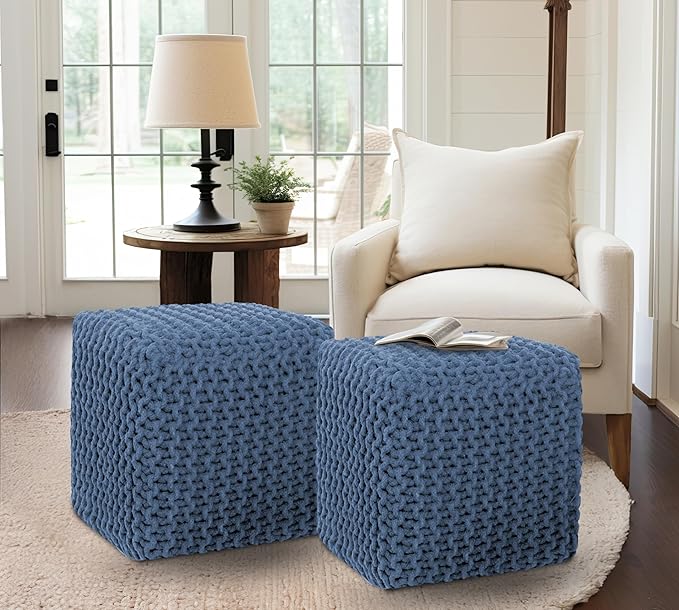 COTTON CRAFT Braided Cube Pouf - Hand Knitted Cotton Cord Cable Dori Ottoman - Foot Stool - Floor Pouf - Footrest - Portable Lightweight Accent Seat - Living Room Bedroom Dorm - 15 x 15 Square - Blue
