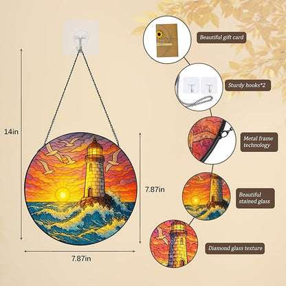 Stained Glass Window Hanging,Lighthouse Sun Catchers Stained Glass Panels for Indoor Windows Wall Art Decor, Memorial Gift for Mom Women Wife Men Lovers (7.87inch)