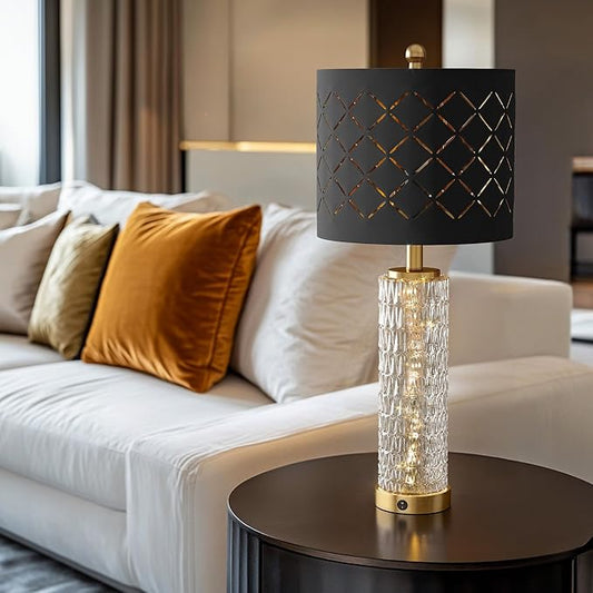 Oneach 27.75" Modern Table Lamps Set of 2, Gold Bedside Lamp with Crystal Nightlight, USB A+C, Black Grid Shade, Unique Desk Lamps for Living Room, Bedroom, Nightstand, End Table (2 Bulbs Included)