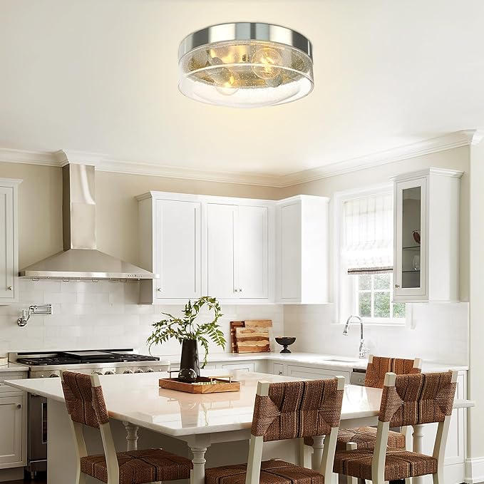 Kalium Flush Mount Ceiling, 2-Light Farmhouse Ceiling Mount with Seeded Glass Lampshade, Industrial Flush