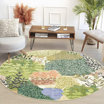 DEXDE Round Rug 4ft Washable Circle Area Rugs Non Slip Low Pile Boho Floral Small Circular Carpet for Bedroom Bathroom Entryway Kids Room Office Dining Room,Green