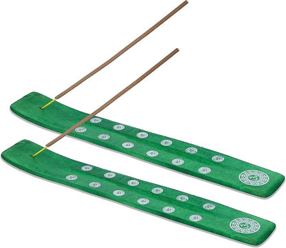 Bless-International Traditional-Handmade-Burner Wooden-Incense-Stick-Holder Ash-Catcher-Stand for-Aromatherapy-Meditation-Yoga (Earth Green) 10 Inches, Pack of 2