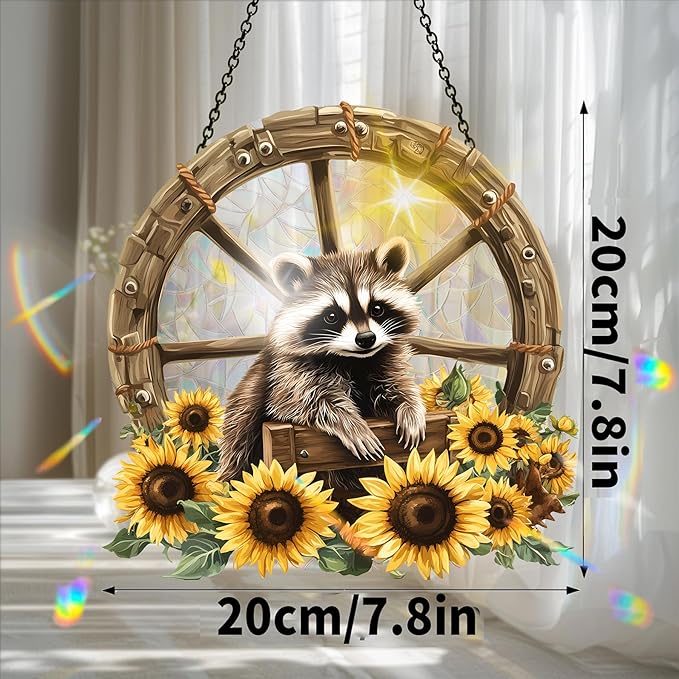 Bimkole Raccoon Sun Catchers Indoor Window - Sunflowers Acrylic Suncatcher Hanging Decoration for Living Room Bedroom Summer Home Balcony Outdoor Garden Ornaments Decoration 7.8x7.8 Inch
