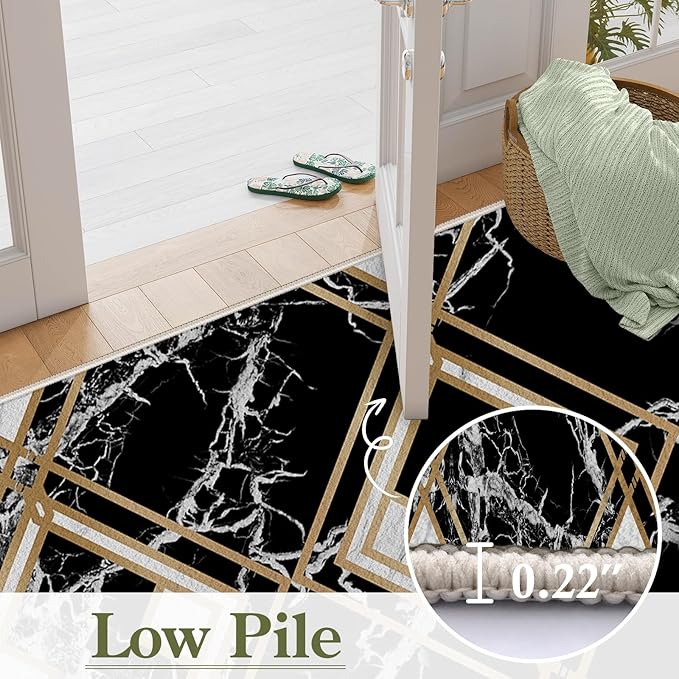 Diamond Geometric Print Area Rug for Bedroom, 2.6x7ft, Modern Black White Marble Home Decor Carpet, Durable Soft Cozy Non Slip Rug, Breathable Non Shedding Mats for Front Porch