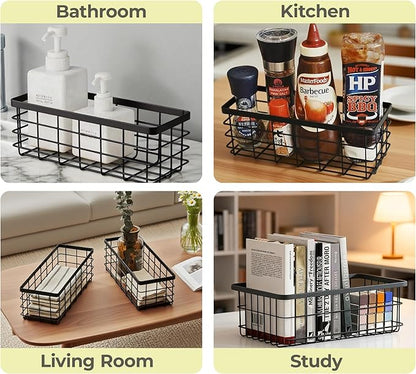 Hanging Wire Storage Baskets, Metal Wall Organizer, Adhesive Wall Storage Shelves for Kitchen, Bathroom Pantry (Spice Rack, Cabinet Organizer, Shower Caddy) Black-2 Packs