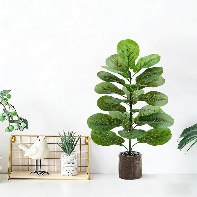 2 Pack Artificial Fiddle Leaf Fig Tree 30in, Large Realistic Faux Ficus Lyrata Plant with Pot Table Top Faux Plant for Indoor Outdoor Home, Office, Living Room, Bathroom Decor (Wood-grain pot, 30in-2)