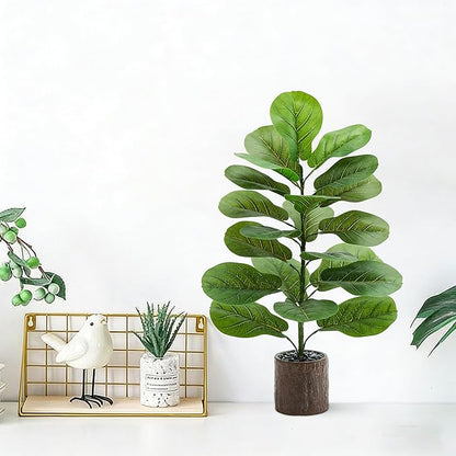 2 Pack Artificial Fiddle Leaf Fig Tree 30in, Large Realistic Faux Ficus Lyrata Plant with Pot Table Top Faux Plant for Indoor Outdoor Home, Office, Living Room, Bathroom Decor (Wood-grain pot, 30in-2)