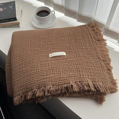 MorroMorn 100% Cotton Muslin Blanket with Fringes Twin Size 60"x80", 4-Layer Gauze Blankets for Adults, Boho Bedding Breathable Lightweight Ultra-Soft for Couch Bed All Seasons, Brown