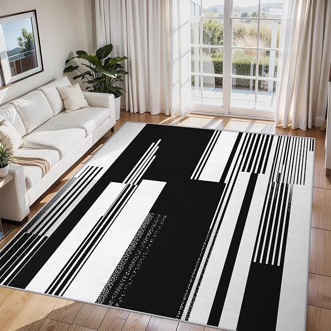 Black and White Stripe Rugs for Home Decor, 8x10 ft, Modern Stripes Area Rugs for Living Room, Soft Non Slip Washable Abstract Striped Carpet Bedroom Decorations Dt-Ghf-31