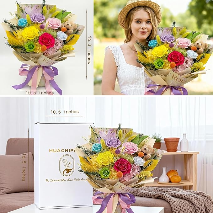 HUACHIPLUS Preserved Bouquet with Bear: Big Flowers Big Love-Romantic Gifts for Her Wife Girlfriend Mom-Flowers for Delivery Prime on Christmas Valentines Day Anniversary Mothers Day (dopamine1)