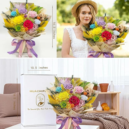 HUACHIPLUS Preserved Bouquet with Bear: Big Flowers Big Love-Romantic Gifts for Her Wife Girlfriend Mom-Flowers for Delivery Prime on Christmas Valentines Day Anniversary Mothers Day (dopamine1)