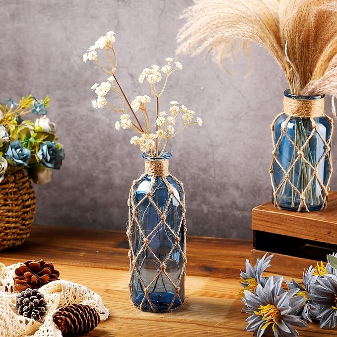 Chuangdi Set of 2 Coastal Glass Vases Christmas Vases for Flowers with Boho Rope Christmas Centerpieces for Tables Small Beach Bottle for Nautical Wedding Floral Arrangement Decorations(Navy Blue)