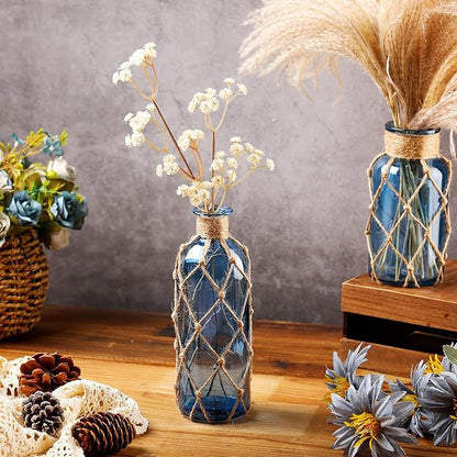 Chuangdi Set of 2 Coastal Glass Vases Christmas Vases for Flowers with Boho Rope Christmas Centerpieces for Tables Small Beach Bottle for Nautical Wedding Floral Arrangement Decorations(Navy Blue)
